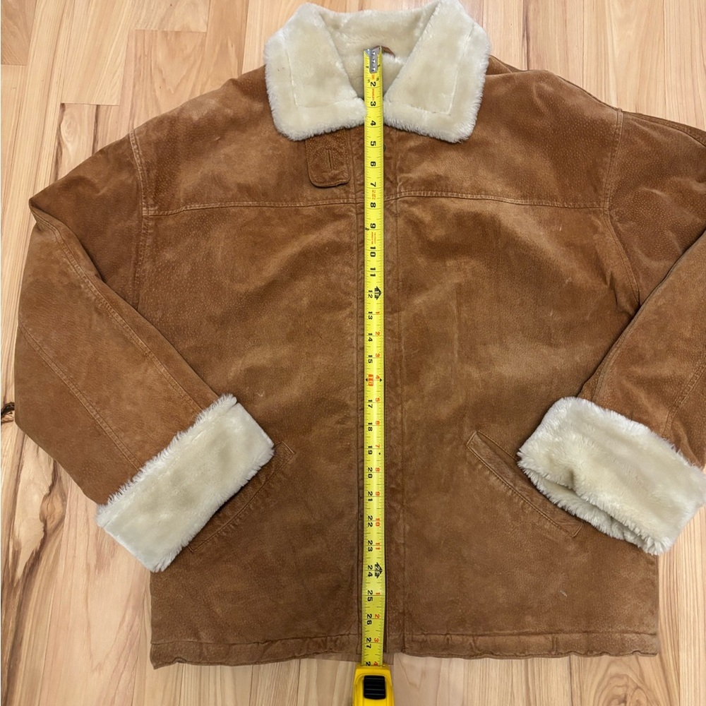Leather Adult Sz XL Tan Leather Bomber Suede Jacket Coat Faux Fur Trim Boho - Picture 7 of 9